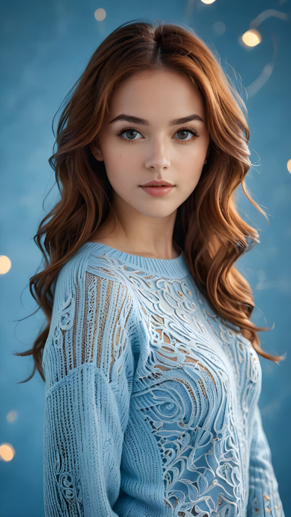 visualize a (((digital masterpiece))), with intricate digital patterns swirling around her (((thin, light blue sweater))), complementing her flawless form and flowing, soft, long, Hazelnut-hued tresses. Her lips exude a (seductive glow) against this digital backdrop