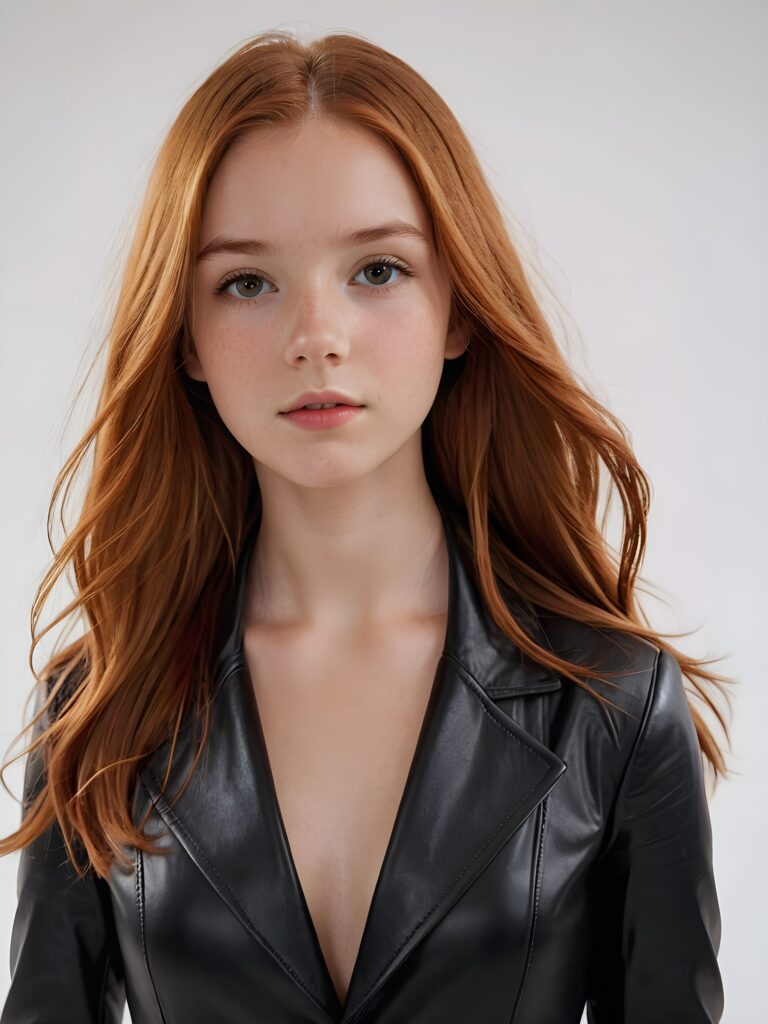 visualize a (((realistically detailed young teenage girl with long, soft straight red hair, framing her face with flowing, dark thin leather suit that expertly accentuates her stunningly gorgeous figure)), posed against a (translucent, ethereal white backdrop)
