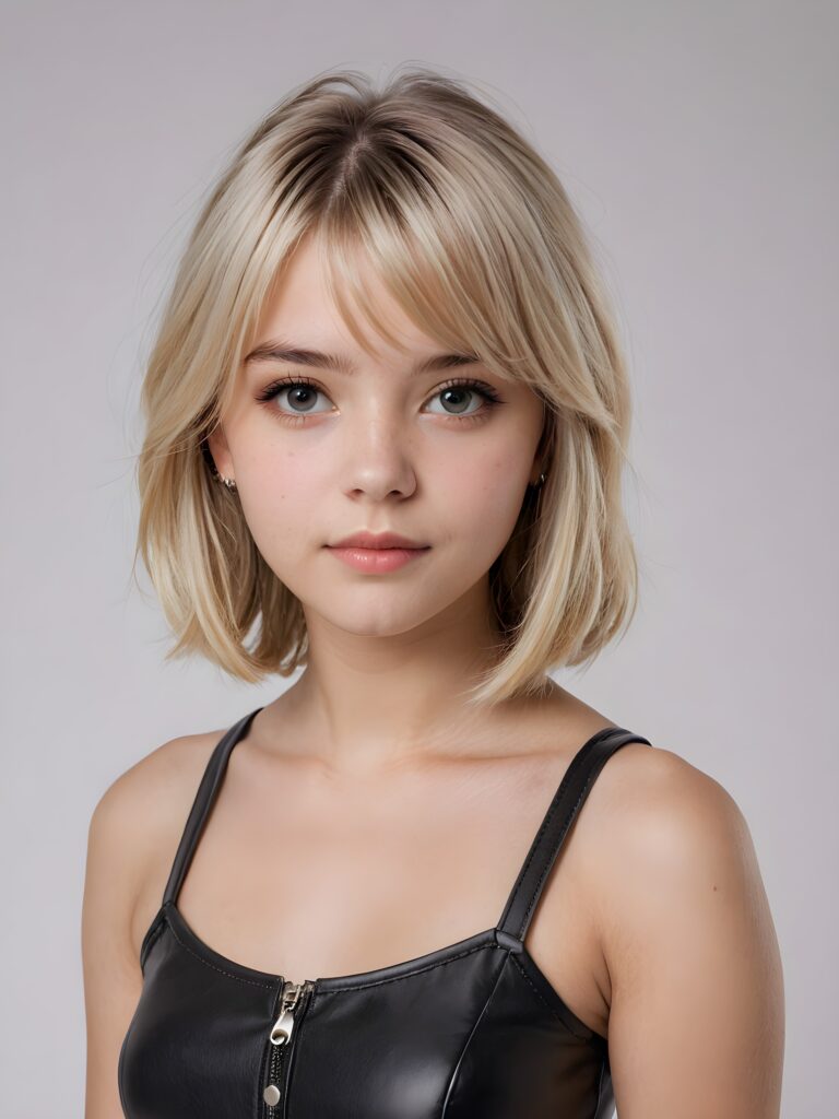 visualize a (((vividly detailed and realistic teen girl, 19 years old))) with straight, soft platinum blond hair, a classic bob cut featuring intricate details and delicate bangs that cascade down the side of her face, ((she wears a thin and tight leather crop top that accentuates her perfect figure)), full lips, a sense of seduction captured through her posture and the (((white background))))