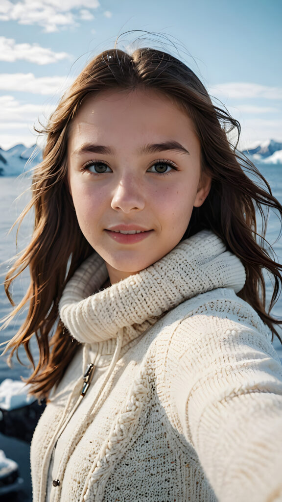 visualize a (((young teen girl, take a selfie))) (cute) (gorgeous). The vast Antarctic Ocean can be seen in the background