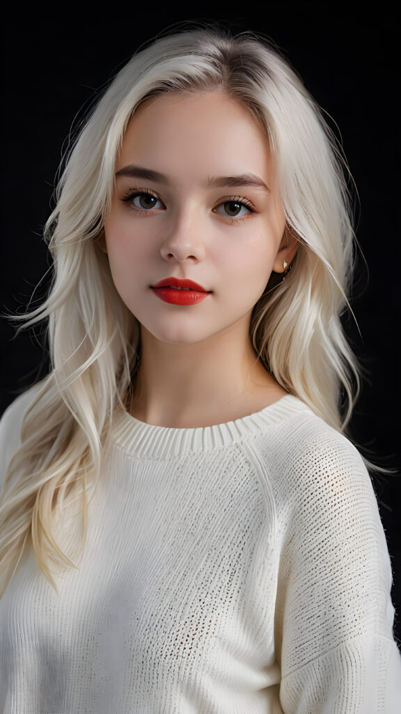 visualize a (((digital masterpiece))), ((a teen girl wears a thin light white sweater)) that supports her perfect body, long straight soft white hair, full red lips, seductive look ((black background)) ((dimmed light)), perfect shadows