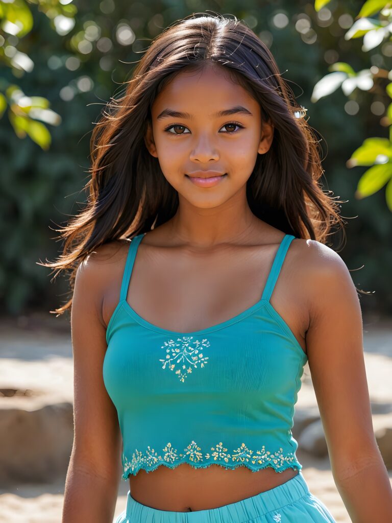 visualize a (((softly brown-skinned beautiful young teen girl))), with delicate features and a (((radiant aura))), suggesting purity and cuteness, her youthful exuberance apparent in her unmistakably adorable countenance, flawlessly fair skin, long straight and soft black hair, she wears a short crop top