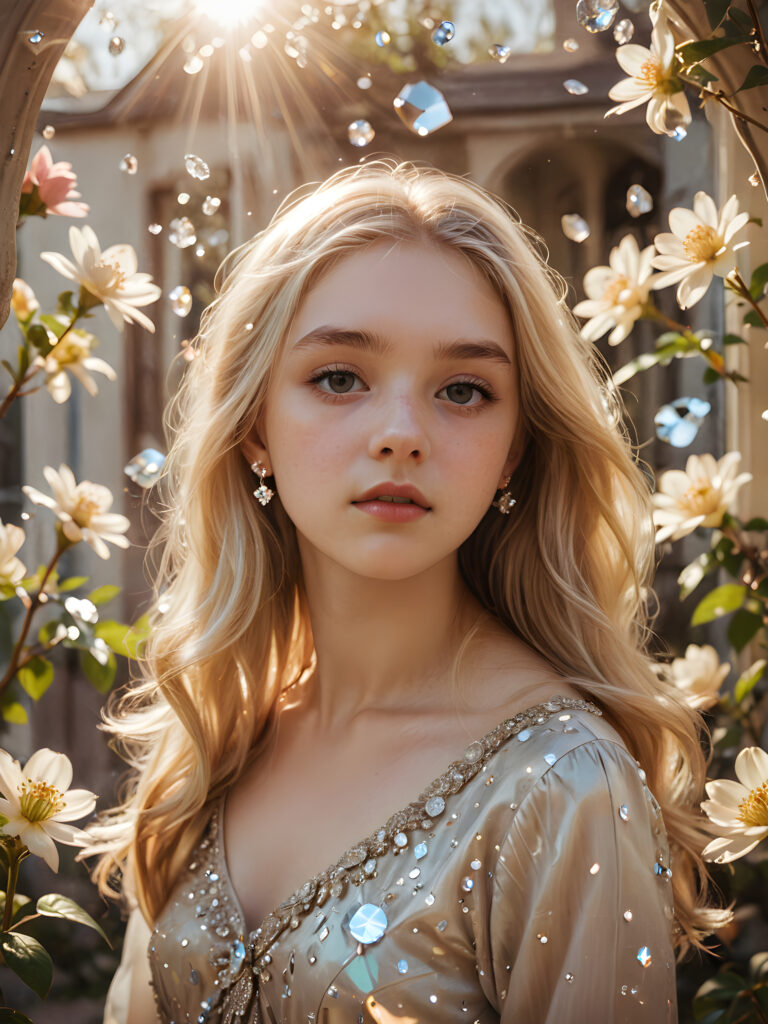 visualize a (((vividly drawn teenage girl))) with long, flowing blonde hair, standing against a backdrop of delicate blooms softly bathed in a (((vintage diamond sunlight filter))), her form and details reflect a timeless fantasy aesthetic that combines whimsy and nostalgia, as if captured through a shattered mirror