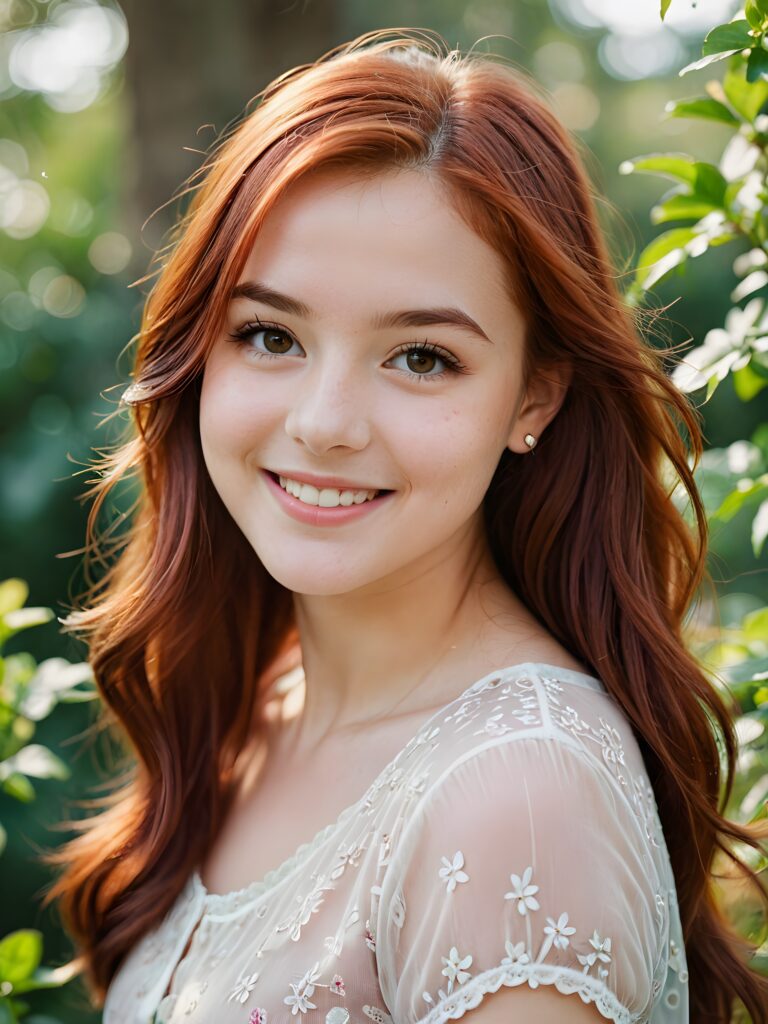 visualize a (((softly beautiful girlie))), with delicate features and a (((radiant aura))), suggesting purity and cuteness, her youthful exuberance apparent in her unmistakably adorable countenance, flawlessly fair skin, and a playfully turned-up smile, long straight and soft red hair