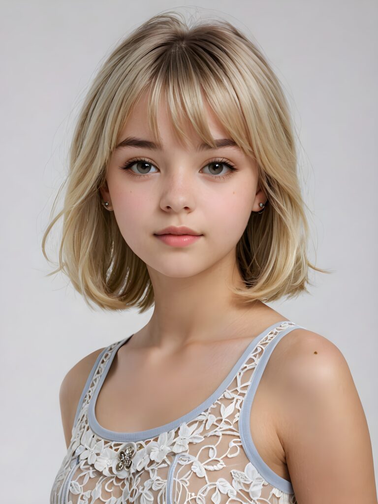 visualize a (((vividly detailed and realistic teen girl, 15 years old))) with straight, soft platinum blond hair, a classic bob cut featuring intricate details and delicate bangs that cascade down the side of her face, a thin dress, perfect body, full lips, wearing a short tank top that accentuates her figure, a sense of seduction captured through her posture and the (((white background))))