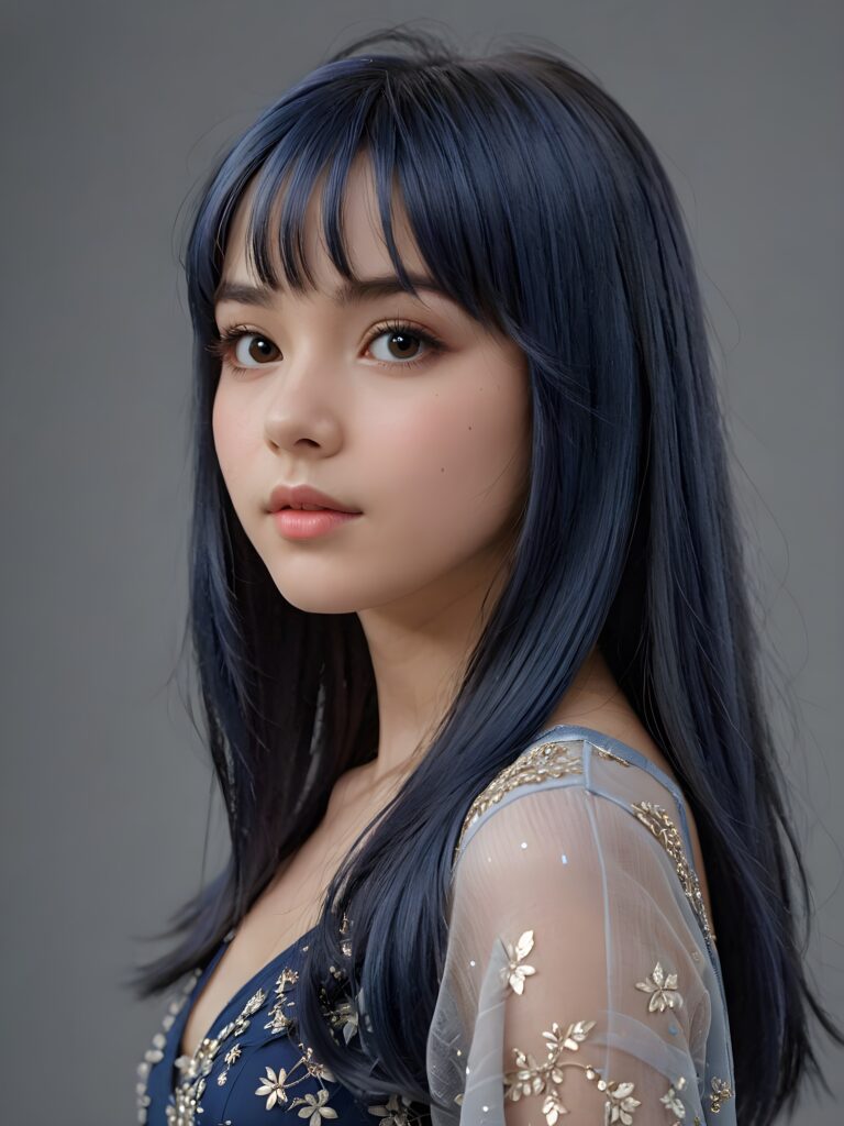 visualize a (((vividly drawn teen girl))) with ((straight soft midnight blue hair)), featuring intricate details and delicate bangs that cascade down the side of her face, thin dressed, ((grey background))