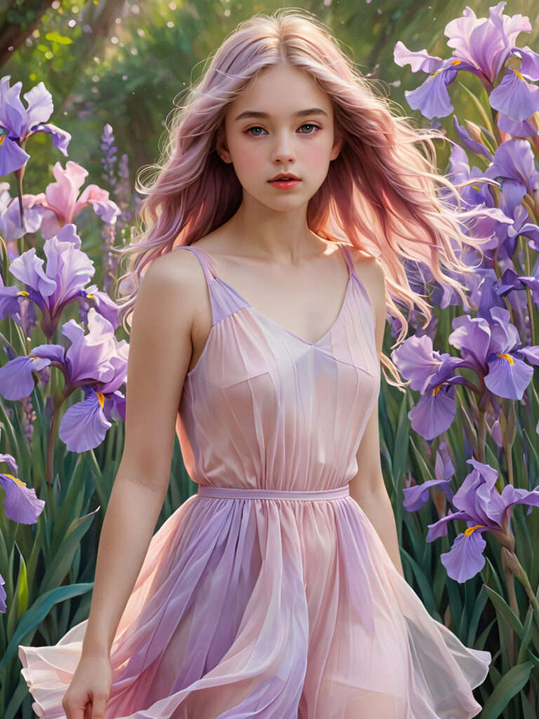 visualize a (((girl in a short, flowy dress))), her face obscured by a (((translucent, pinkish hue))), with (((pink and lavender irises))), and (((translucent pink soft hair))), all combining to create an aura of intrigue and refinement in a (dreamlike backdrop with softly detailed fantastical elements)