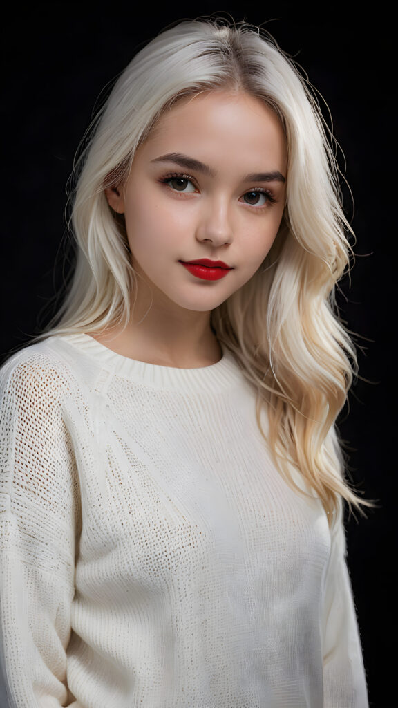 visualize a (((digital masterpiece))), ((a teen girl wears a thin light white sweater)) that supports her perfect body, long straight soft white hair, full red lips, seductive look ((black background)) ((dimmed light)), perfect shadows
