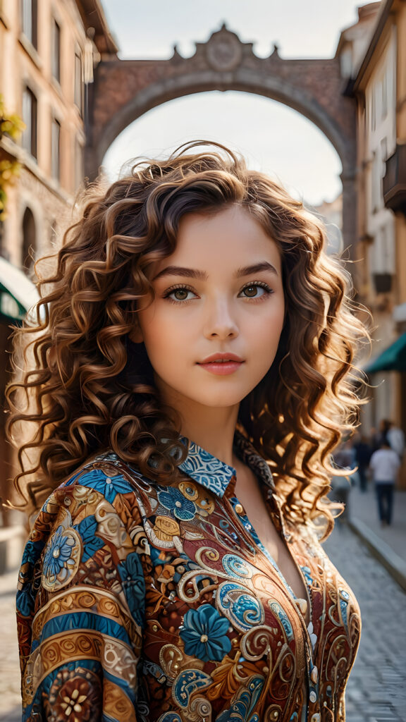 visualize a (((digital masterpiece))) with intricate ((details and patterns)) that evoke a sense of wonder, fantastical structures and colors interwoven with a (((vividly drawn girl))) whose flowing brown curls match, luxurious surroundings