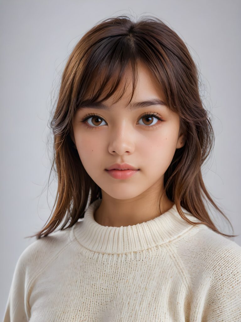 visualize a (((realistically detailed portrait))) of a (((softly beautiful young Exotic teen girl))), she looks seductively at the viewer, perfect body, ((round face)), ((shiny amber eyes)) with exquisite, smooth skin and straight, soft length hazelnut hair in bangs cut framing her face, full lips, ((she wears a sweater made of white wool)), against a (((gently contrasting white backdrop))) (((side view)))