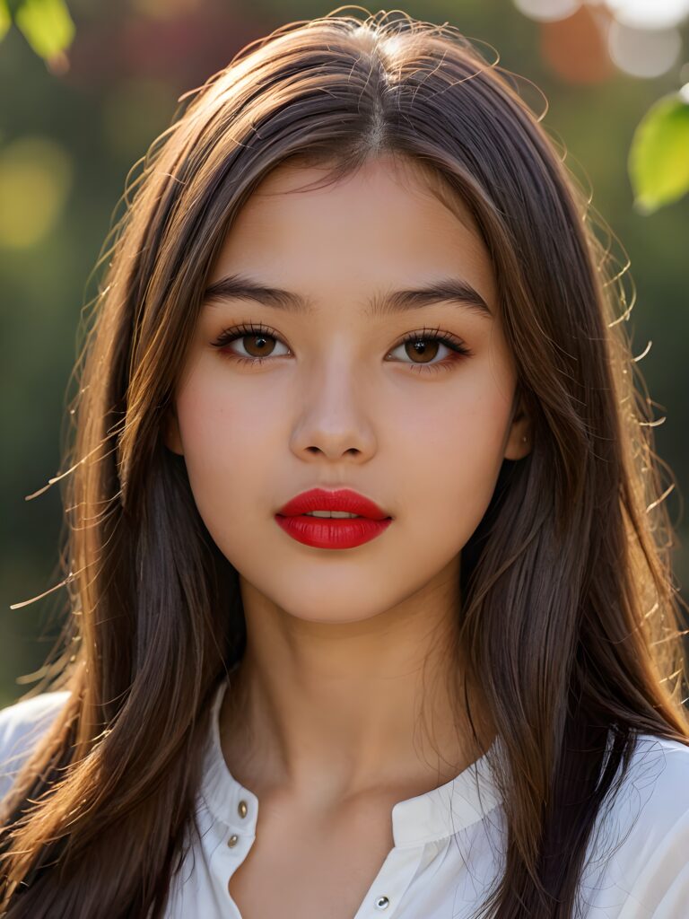 visualize a detailed and realistic photo: a (((stunning young teen girl, 13 years old))) (silky curved layers, (((vivid cupper soft straight hair)))), whose frame a (seriously sensual face) with (dramatically contrasting, full, (((red lips)))), set against a (broodingly atmospheric backdrop) for an unforgettable (upper body shot). Her features are captured in (intense detail), accentuated by the (ombré shadow and highlights) that draw the eye ((natural background))