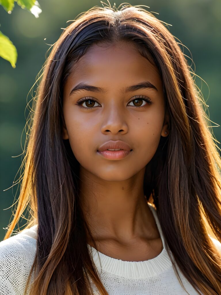 visualize a detailed and realistic photo: a (((stunning young brown-skinned teen girl, 17 years old))) (silky curved layers, (((vivid amber soft straight hair)))), whose frame a (seriously sensual face) with (dramatically contrasting, full, (((lips)))), set against a (broodingly atmospheric backdrop) for an unforgettable (upper body shot). Her features are captured in (intense detail), accentuated by the (ombré shadow and highlights) that draw the eye, wears a white wool sweatcher, ((stunning)) ((gorgeous))