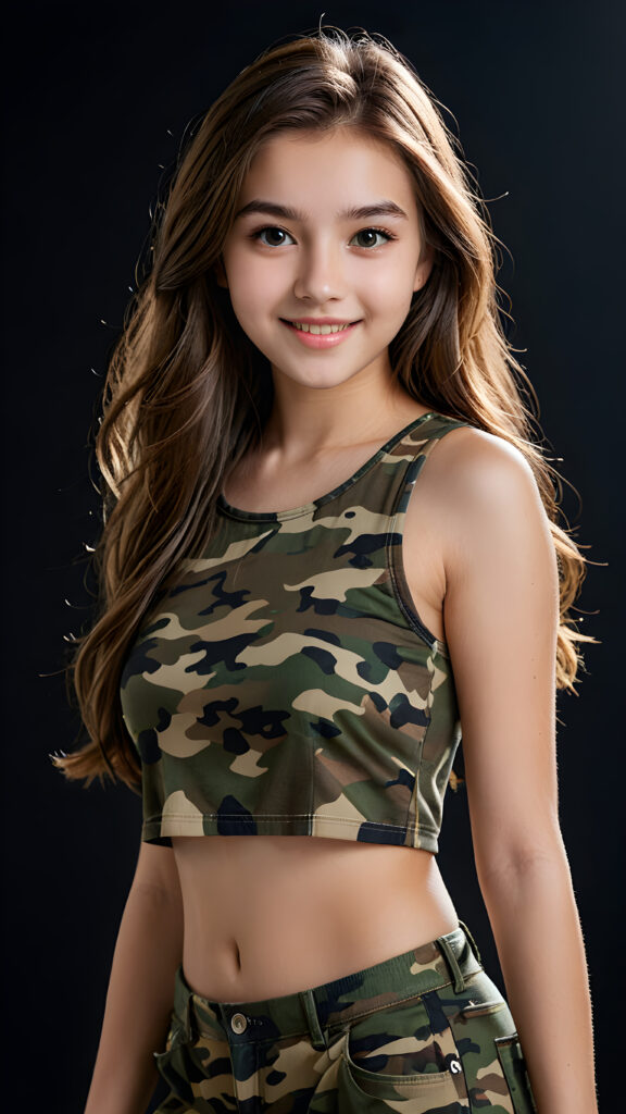 visualize a detailed and realistic full body photo from: a (((beautiful teenage girl, 15 years old))), she has a wonderfully shaped body and is lightly clothed in a (((camouflage-colored super short crop top)) that emphasizes her beautiful body, she has ((soft long brown straight shoulder-length hair)), full lips, ((light amber eyes)), she looks seductively into the camera, she smiles gently and has white teeth, soft sunlight falls on her round face ((black background)), perfect shadows and lights