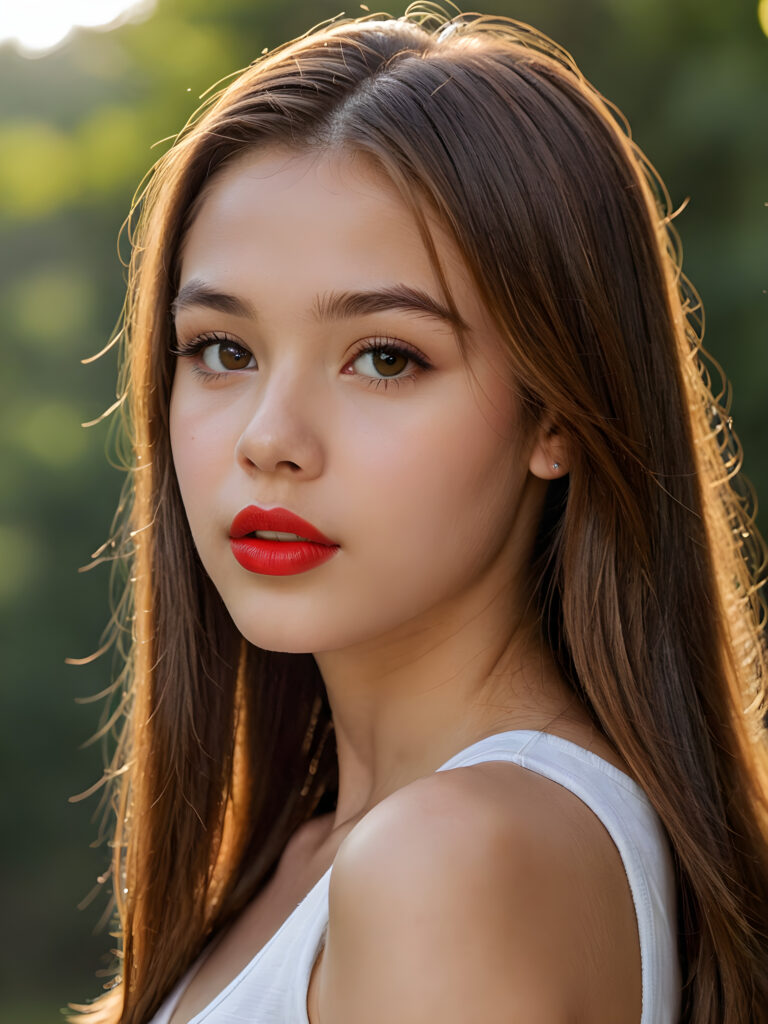 visualize a detailed and realistic photo: a (((stunning young teen girl, 15 years old))) (glossy hair with subtle layering, (((vivid amber soft straight hair)))), whose frame a (seriously sensual face) with (dramatically contrasting, full, (((red lips)))), set against a (broodingly atmospheric backdrop) for an unforgettable (upper body shot). Her features are captured in (intense detail), accentuated by the (ombré shadow and highlights) that draw the eye, wears a white tank top, ((stunning)) ((gorgeous)) ((side view))