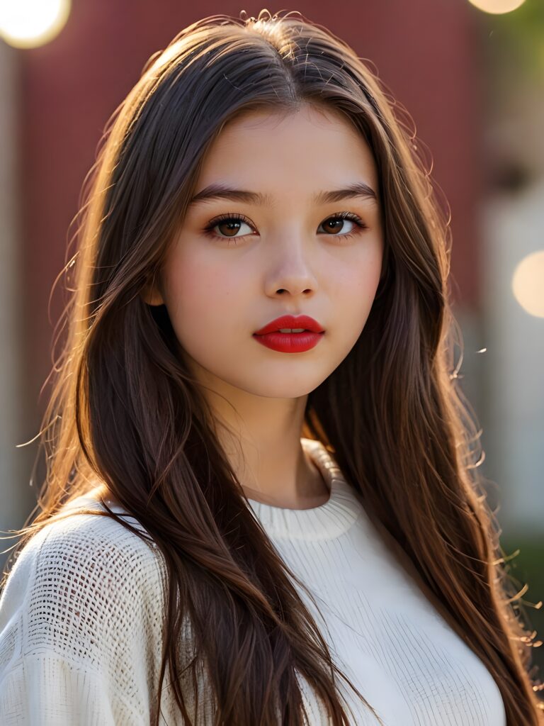 visualize a detailed and realistic photo: a (((stunning young teen girl, 13 years old))) (silky curved layers, (((vivid cupper soft straight hair)))), whose frame a (seriously sensual face) with (dramatically contrasting, full, (((red lips)))), set against a (broodingly atmospheric backdrop) for an unforgettable (upper body shot). Her features are captured in (intense detail), accentuated by the (ombré shadow and highlights) that draw the eye, wears a white wool sweatcher, ((stunning)) ((gorgeous))