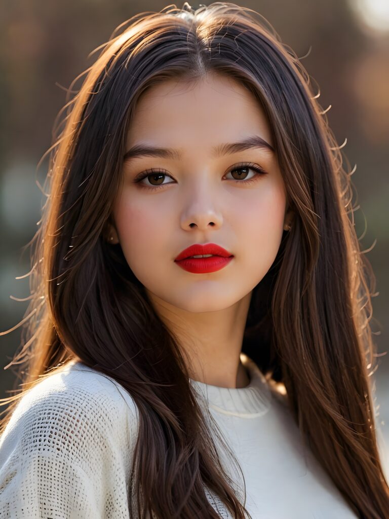 visualize a detailed and realistic photo: a (((stunning young teen girl, 15 years old))) (silky curved layers, (((vivid cupper soft straight hair)))), whose frame a (seriously sensual face) with (dramatically contrasting, full, (((red lips)))), set against a (broodingly atmospheric backdrop) for an unforgettable (upper body shot). Her features are captured in (intense detail), accentuated by the (ombré shadow and highlights) that draw the eye, wears a white wool sweatcher, ((stunning)) ((gorgeous))