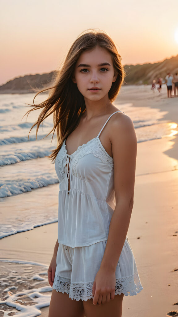 visualize a detailed and realistic photo from: a (((beautiful teenage girl))), she has a wonderfully shaped body and is lightly clothed, she stands on a lonely sandy beach, the sunset bathes the picture in a gentle atmosphere