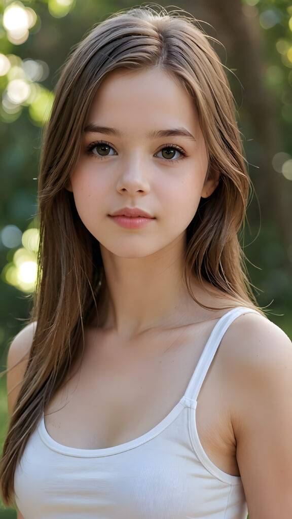 visualize a detailed and realistic photo from a beautiful, young, soft white-skinned teen girl, she is 15 years old and has soft long straight hair. She has a wonderfully shaped body and is only lightly clothed in a tank top. She looks seductively at the viewer and has full lips, ((stunning)) ((gorgeous)) ((side view))