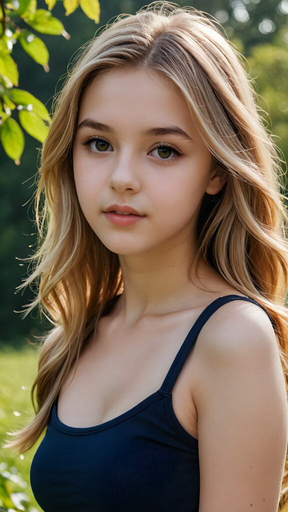 visualize a detailed and realistic photo from: a (((beautiful teenage girl, 15 years old))), she has a wonderfully shaped body and is lightly clothed in a tight tank top that emphasizes her beautiful body, she has soft long blond hair, full lips, she looks seductively into the camera