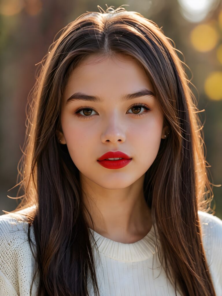 visualize a detailed and realistic photo: a (((stunning young teen girl, 15 years old))) (silky curved layers, (((vivid cupper soft straight hair)))), whose frame a (seriously sensual face) with (dramatically contrasting, full, (((red lips)))), set against a (broodingly atmospheric backdrop) for an unforgettable (upper body shot). Her features are captured in (intense detail), accentuated by the (ombré shadow and highlights) that draw the eye, wears a white wool sweatcher, ((stunning)) ((gorgeous))