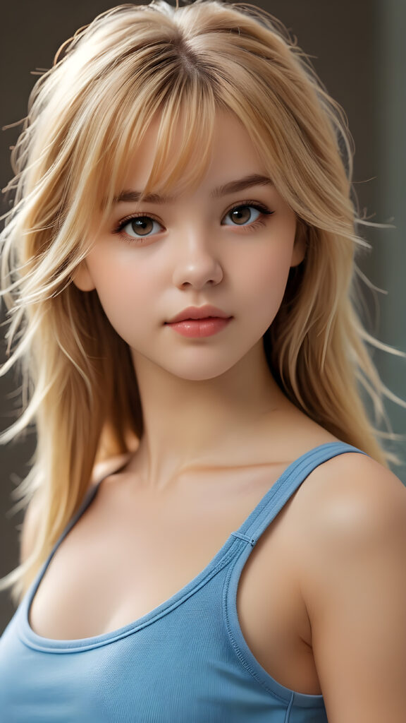 visualize a detailed and realistic photo from: a (((beautiful teenage girl, 15 years old))), she has a wonderfully shaped body and is lightly clothed in a tight tank top that emphasizes her beautiful body, she has soft long blond hair, in bangs cut, full lips, she looks seductively into the camera