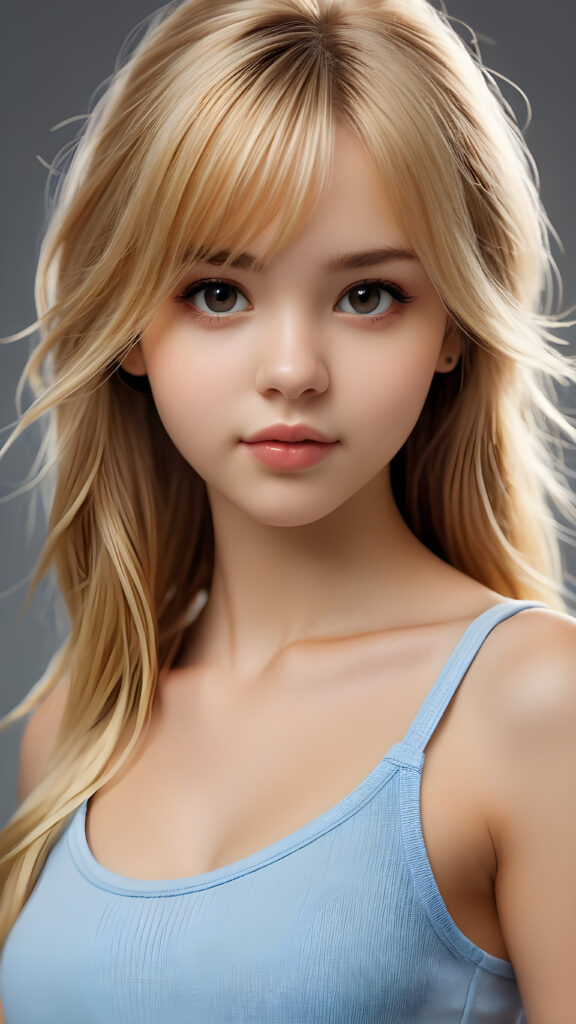 visualize a detailed and realistic photo from: a (((beautiful teenage girl, 15 years old))), she has a wonderfully shaped body and is lightly clothed in a tight tank top that emphasizes her beautiful body, she has soft long blond hair, in bangs cut, full lips, she looks seductively into the camera
