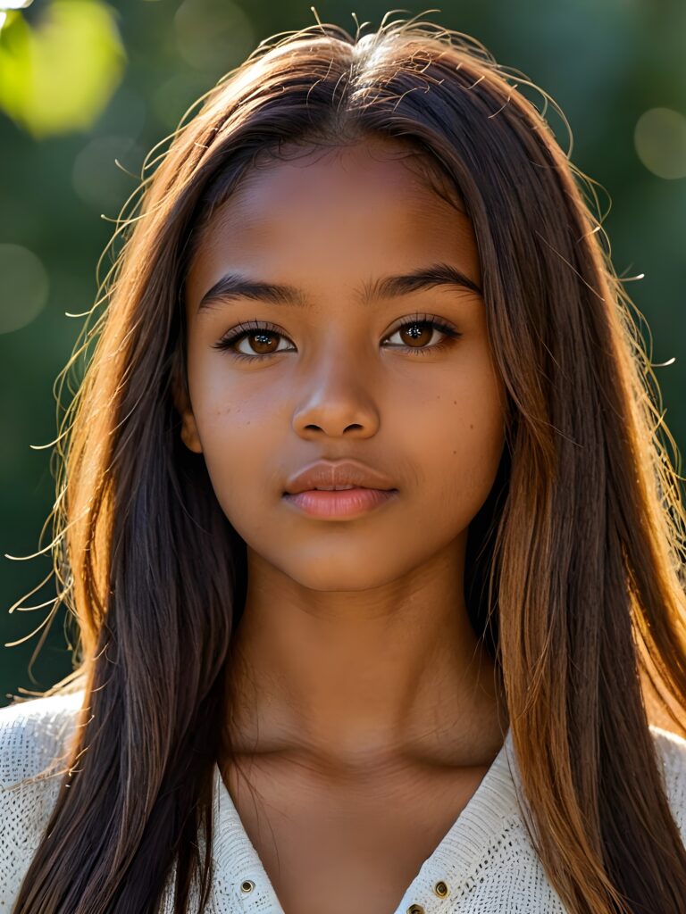 visualize a detailed and realistic photo: a (((stunning young brown-skinned teen girl, 17 years old))) (silky curved layers, (((vivid amber soft straight hair)))), whose frame a (seriously sensual face) with (dramatically contrasting, full, (((lips)))), set against a (broodingly atmospheric backdrop) for an unforgettable (upper body shot). Her features are captured in (intense detail), accentuated by the (ombré shadow and highlights) that draw the eye, wears a white wool sweatcher, ((stunning)) ((gorgeous))