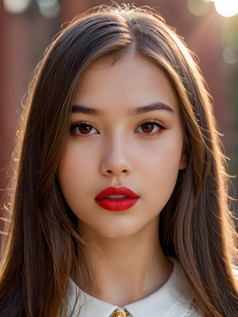 visualize a detailed and realistic photo: a (((stunning young teen girl, 13 years old))) (silky curved layers, (((vivid cupper soft straight hair)))), whose frame a (seriously sensual face) with (dramatically contrasting, full, (((red lips)))), set against a (broodingly atmospheric backdrop) for an unforgettable (upper body shot). Her features are captured in (intense detail), accentuated by the (ombré shadow and highlights) that draw the eye ((natural background))