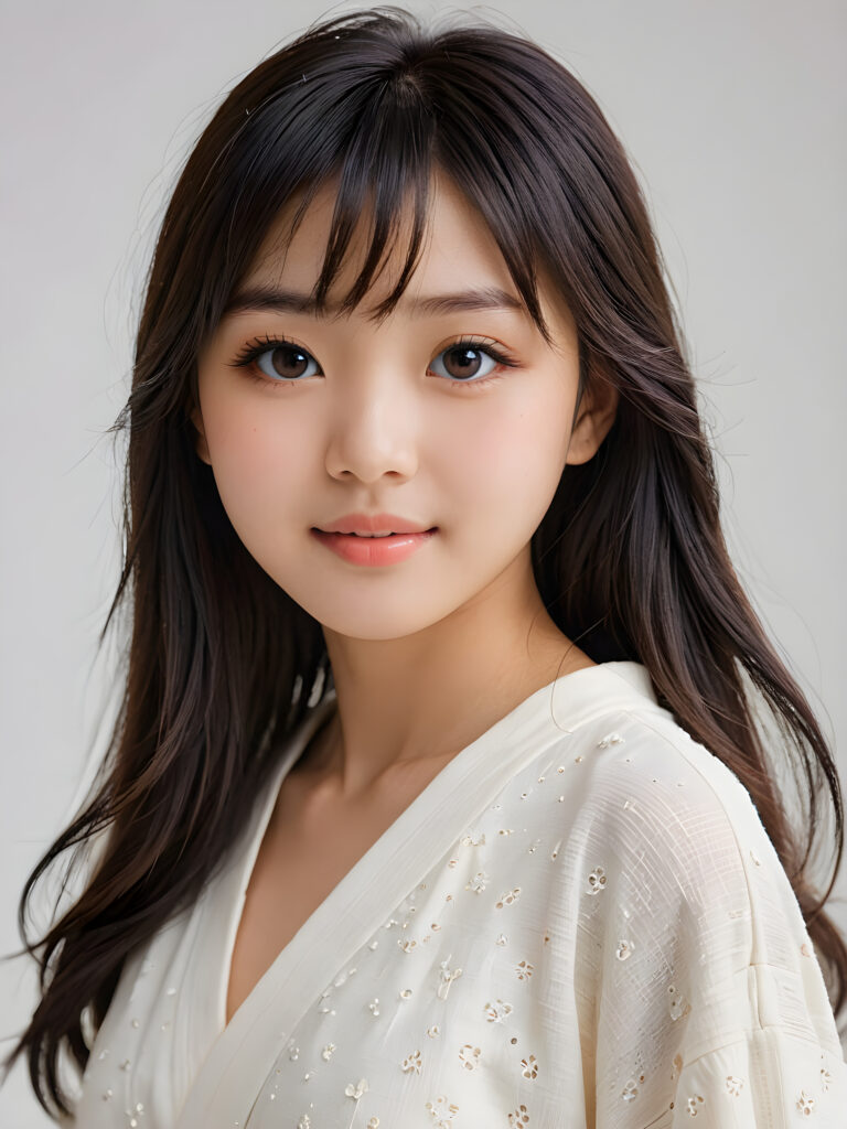 visualize a detailed and realistic photo: a beautiful young (((Japanese teen girl))) with exquisite features and a playful smile, her figure is elegantly curved and her face gazes upwards in a (((sultry expression))), black soft long straight hair, bangs cut, ((white background))