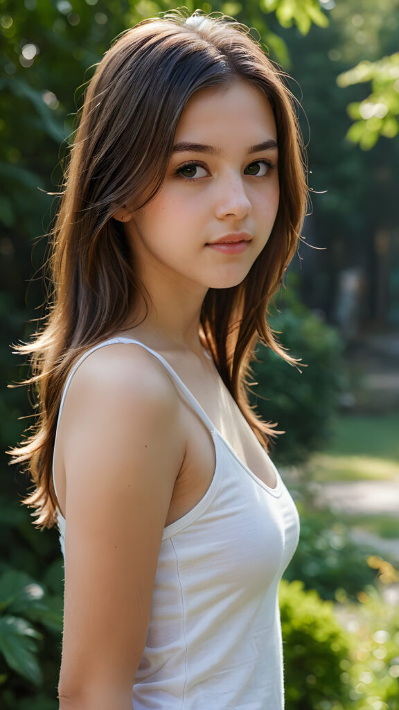 visualize a detailed and realistic photo from: a (((beautiful teenage girl))), she has a wonderfully shaped body and is lightly clothed in a tight tank top that emphasizes her beautiful body, she has soft long hair