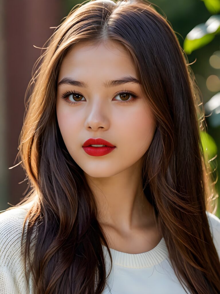 visualize a detailed and realistic photo: a (((stunning young teen girl, 17 years old))) (silky curved layers, (((vivid cupper soft straight hair)))), whose frame a (seriously sensual face) with (dramatically contrasting, full, (((red lips)))), set against a (broodingly atmospheric backdrop) for an unforgettable (upper body shot). Her features are captured in (intense detail), accentuated by the (ombré shadow and highlights) that draw the eye, wears a white wool sweatcher, ((stunning)) ((gorgeous))