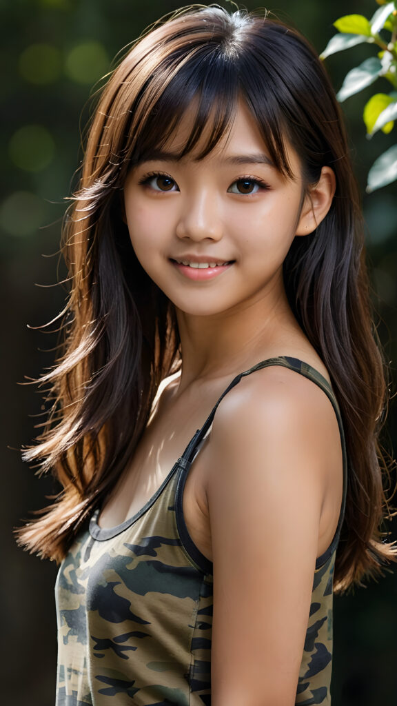 visualize a detailed and realistic upper body portrait from: a (((beautiful Asian teenage girl, 17 years old, brown skinned))), she has a wonderfully shaped body and is lightly clothed in a (((camouflage-colored super short tank top)) that emphasizes her beautiful body, she has ((soft long hazelnut black straight shoulder-length hair, bangs cut)), full lips, ((light amber eyes)), she looks seductively into the camera, she smiles gently and has white teeth, soft sunlight falls on her round face ((dark background)), perfect shadows and lights, ((side view))