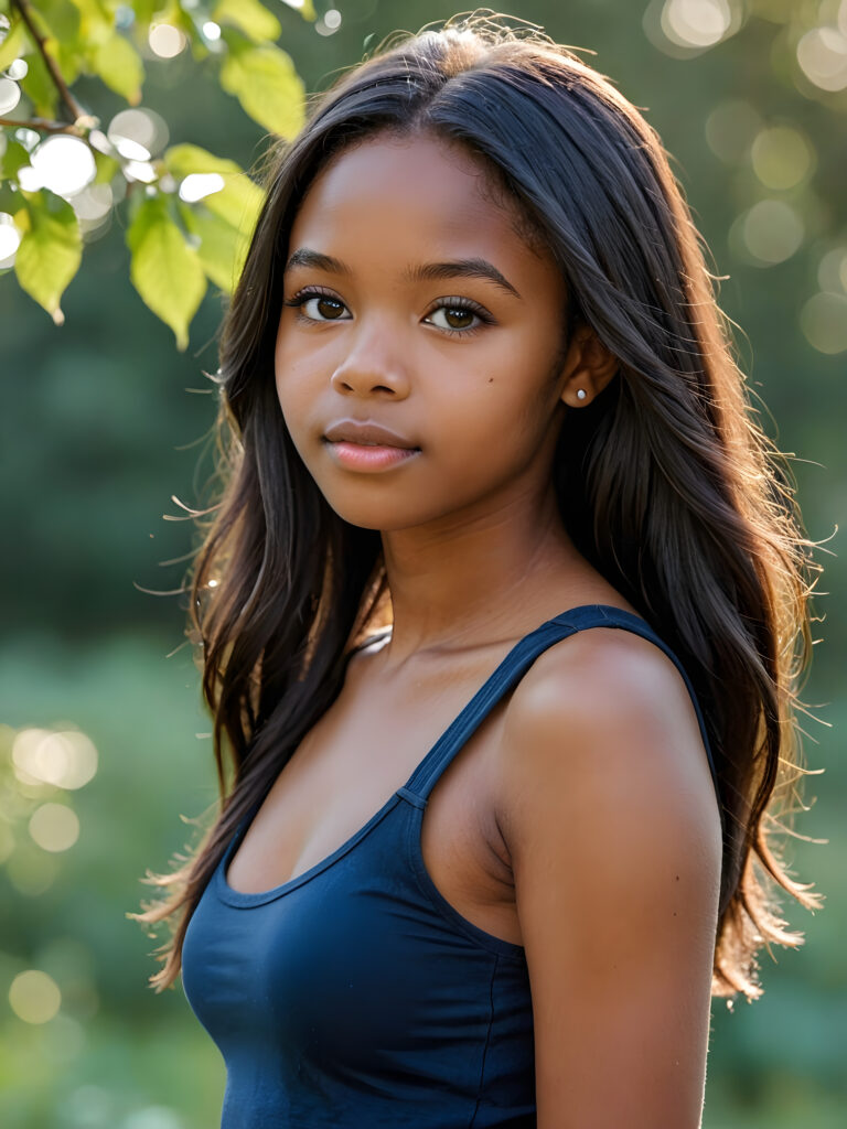 visualize a detailed and realistic photo from a beautiful, young, soft black-skinned teen girl, she is 15 years old and has soft long straight hair. She has a wonderfully shaped body and is only lightly clothed in a tank top. She looks seductively at the viewer and has full lips, ((stunning)) ((gorgeous)) ((side view))