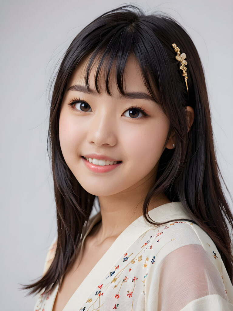 visualize a detailed and realistic photo: a beautiful young (((Japanese teen girl))) with exquisite features and a playful smile, her figure is elegantly curved and her face gazes upwards in a (((sultry expression))), black soft long straight hair, bangs cut, ((white background))