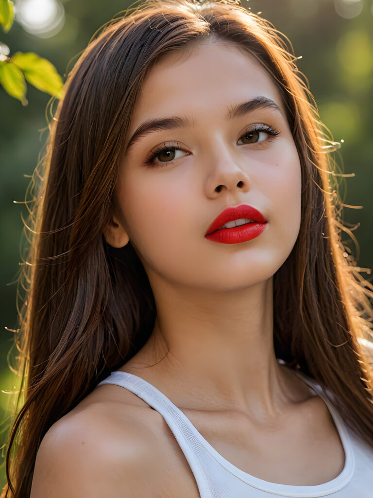 visualize a detailed and realistic photo: a (((stunning young teen girl, 15 years old))) (glossy hair with subtle layering, (((vivid amber soft straight hair)))), whose frame a (seriously sensual face) with (dramatically contrasting, full, (((red lips)))), set against a (broodingly atmospheric backdrop) for an unforgettable (upper body shot). Her features are captured in (intense detail), accentuated by the (ombré shadow and highlights) that draw the eye, wears a white tank top, ((stunning)) ((gorgeous)) ((side view))