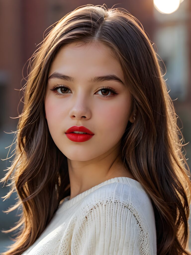 visualize a detailed and realistic photo: a (((stunning young teen girl, 13 years old))) (silky curved layers, (((vivid cupper soft straight hair)))), whose frame a (seriously sensual face) with (dramatically contrasting, full, (((red lips)))), set against a (broodingly atmospheric backdrop) for an unforgettable (upper body shot). Her features are captured in (intense detail), accentuated by the (ombré shadow and highlights) that draw the eye, wears a white wool sweatcher, ((stunning)) ((gorgeous))