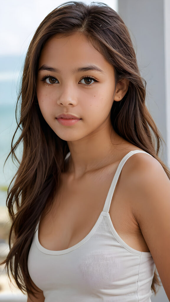 visualize a detailed and realistic photo from a beautiful, young, soft brown-skinned teen girl, she is 15 years old and has soft long straight hair. She has a wonderfully shaped body and is only lightly clothed in a tank top. She looks seductively at the viewer and has full lips, ((stunning)) ((gorgeous)) ((side view))