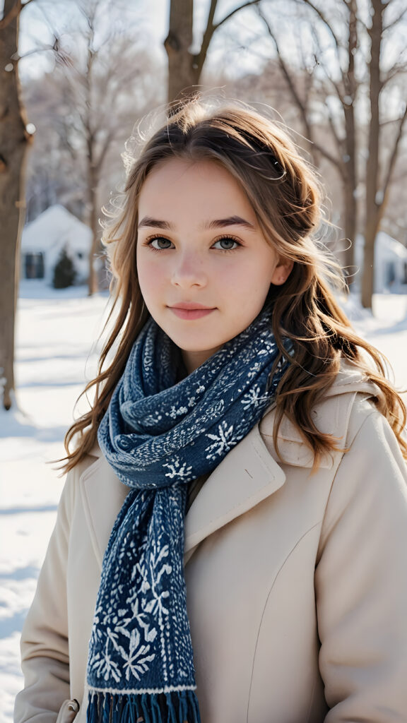 visualize a (((young teen girl))) dressed in a (wears a thick winter coat and a scarf), standing confidently against a (magnificent white backdrop) that suggests tranquility and serenity