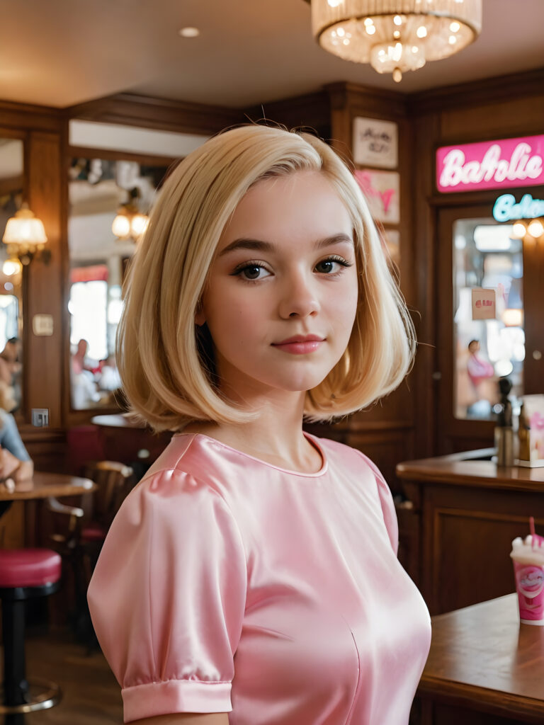 visualize a (((teen girl))) with flowing, shoulder-length, ((blonde hair)) styled in a classic, retro bob, evoking the essence of the iconic Barbie doll, standing confidently at a vintage saloon
