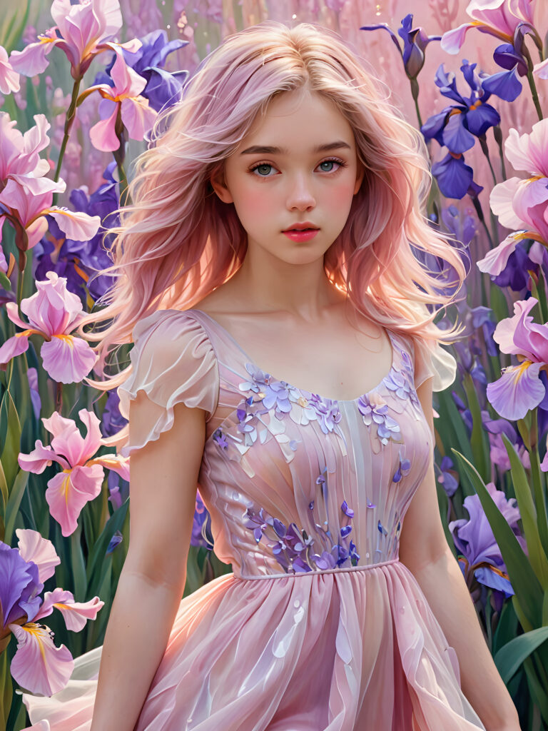 visualize a (((girl in a short, flowy dress))), her face obscured by a (((translucent, pinkish hue))), with (((pink and lavender irises))), and (((translucent pink soft hair))), all combining to create an aura of intrigue and refinement in a (dreamlike backdrop with softly detailed fantastical elements)