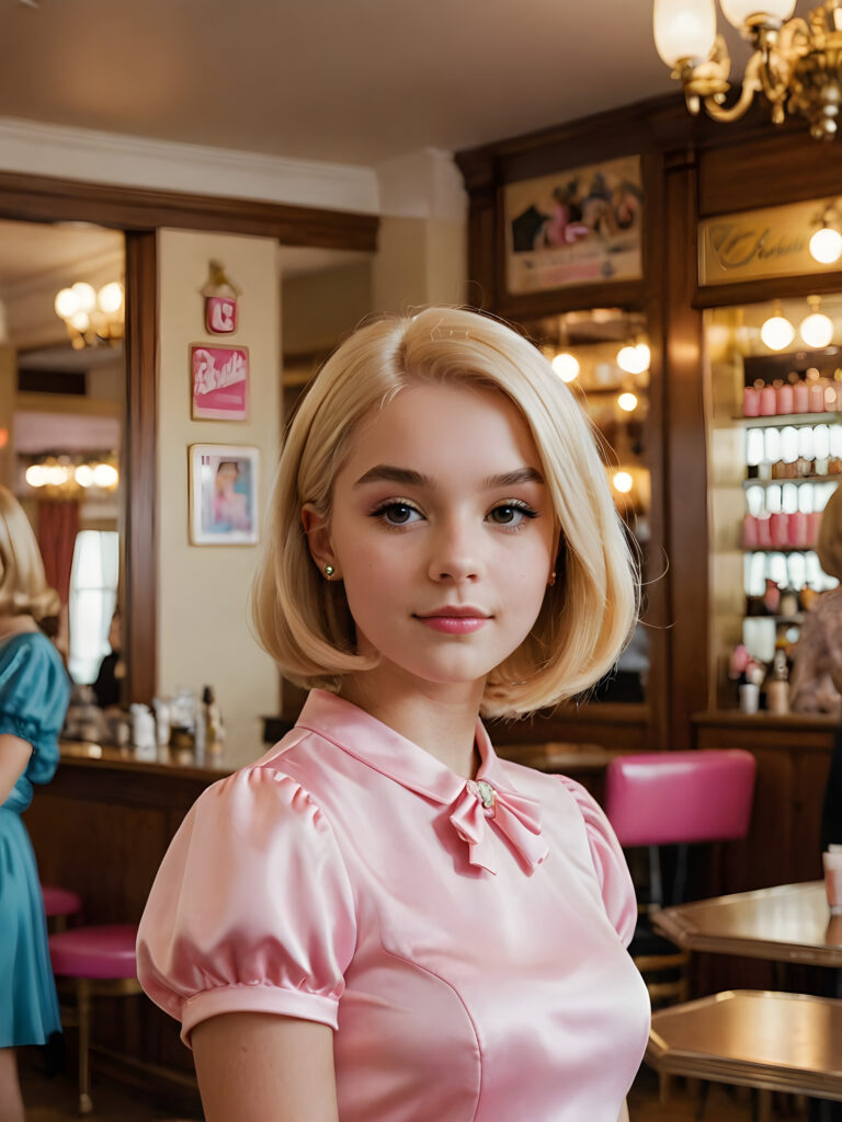 visualize a (((teen girl))) with flowing, shoulder-length, ((blonde hair)) styled in a classic, retro bob, evoking the essence of the iconic Barbie doll, standing confidently at a vintage saloon