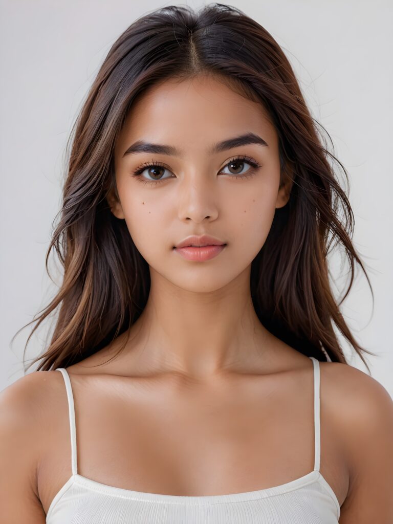 visualize a (((realistically detailed image))) of a (((softly beautiful young Exotic girl))), with exquisite, smooth skin and straight, soft long hair framing her face, dressed in a (((short top))), against a (((gently contrasting white backdrop)))