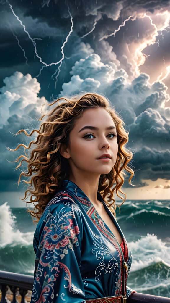 visualize a (((digital masterpiece))) with intricate details and patterns that evoke a sense of wonder, fantastical structures and colors interwoven with a (((vividly drawn girl))) whose flowing curls match the vibrancy of a (((storm brewing in the background))), luxurious surroundings