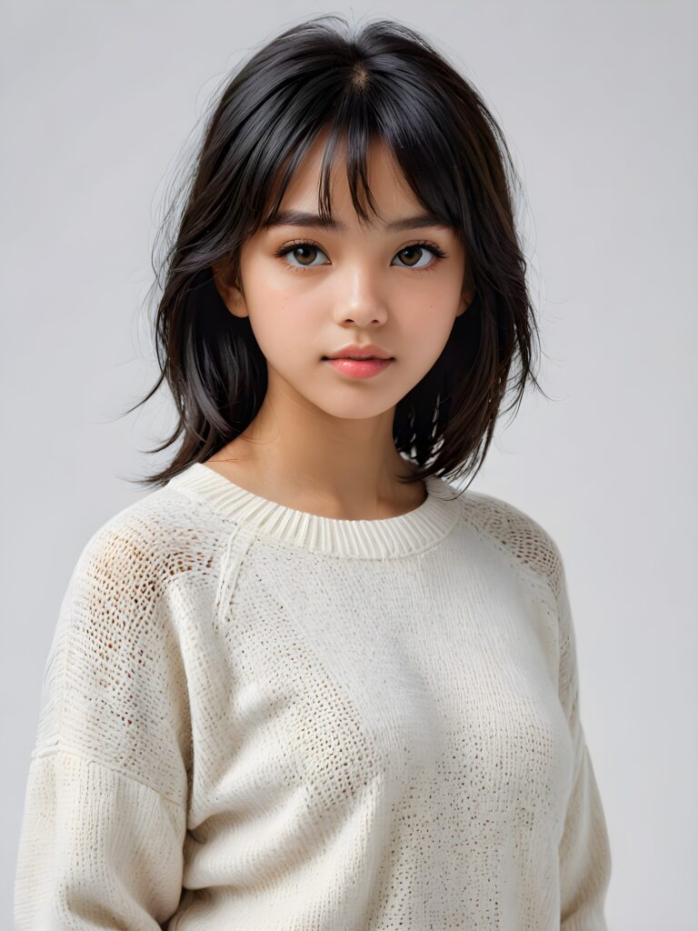 visualize a (((realistically detailed portrait))) of a (((softly beautiful young Exotic teen girl))), she looks seductively at the viewer, perfect body, ((round face)), ((shiny amber eyes)) with exquisite, smooth skin and straight, soft shoulder length obsidian black hair in bangs cut framing her face, full lips, ((she wears a sweater made of white cotton)), against a (((gently contrasting white backdrop))) (((side view)))