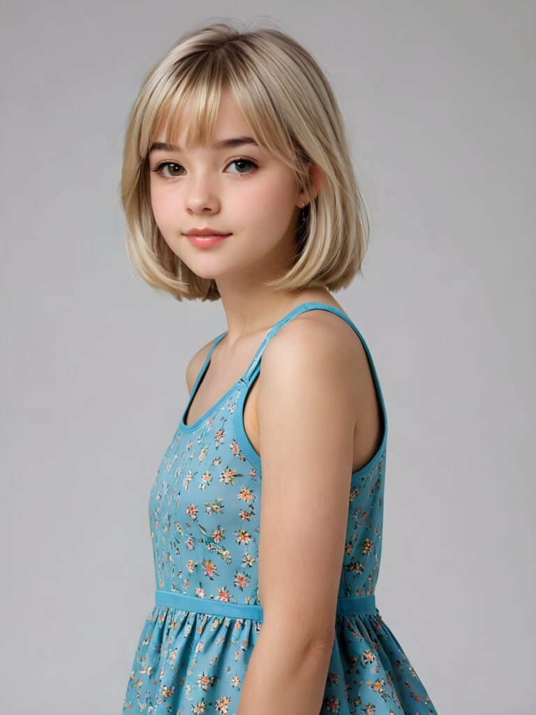 visualize a (((vividly detailed and realistic teen girl, 15 years old))) with straight, soft platinum blond hair, a classic bob cut featuring intricate details and delicate bangs that cascade down the side of her face, a thin dress, perfect body, full lips, wearing a short tank top that accentuates her figure, a sense of seduction captured through her posture and the (((white background))))
