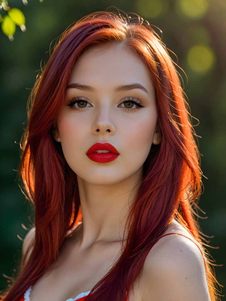 visualize a full body portrait (((stunning young teen girl))) (silky curved layers, (((vivid red soft straight hair)))), whose frame a (seriously sensual face) with (dramatically contrasting, full, (((red lips)))), set against a (broodingly atmospheric backdrop) for an unforgettable (upper body shot). Her features are captured in (intense detail), accentuated by the (ombré shadow and highlights) that draw the eye