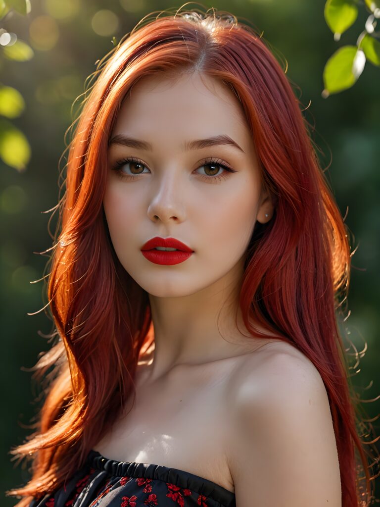 visualize a full body portrait (((stunning young teen girl))) (silky curved layers, (((vivid red soft straight hair)))), whose frame a (seriously sensual face) with (dramatically contrasting, full, (((red lips)))), set against a (broodingly atmospheric backdrop) for an unforgettable (upper body shot). Her features are captured in (intense detail), accentuated by the (ombré shadow and highlights) that draw the eye