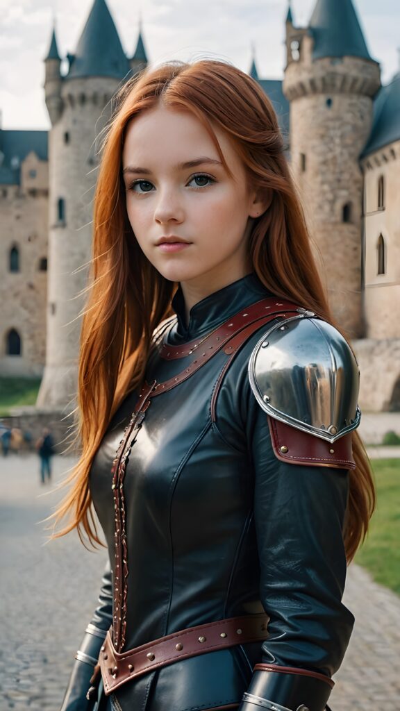 visualize a portrait: (((young teenage girl with long, soft straight red hair))), clad in flowing ((dark thin leather armor that reflect her (stunningly gorgeous figure))) (castle in backdrop)