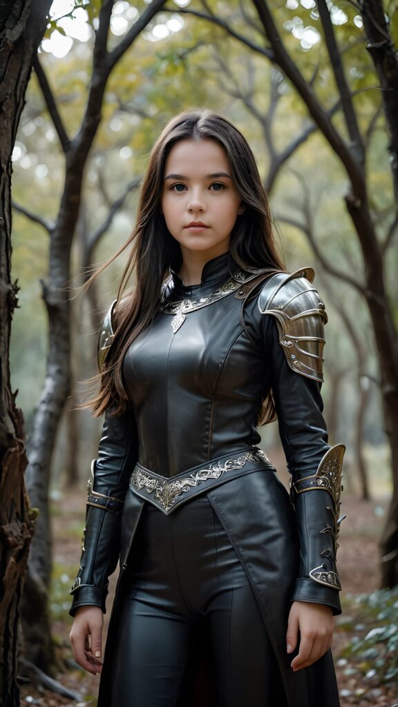 visualize a portrait: (((young girl with long, soft straight dark hair))), clad in flowing ((thin leather armor that reflect her (stunningly gorgeous figure))), standing confidently amidst a (gloomy backdrop of twisted trees and shadowy creatures)
