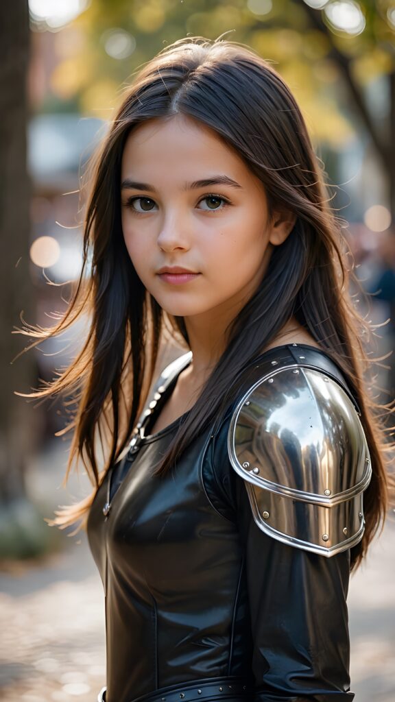 visualize a portrait: (((young girl with long, soft straight dark hair))), clad in flowing ((thin leather armor that reflect her (stunningly gorgeous figure)))